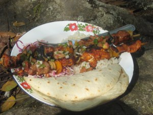 kebobs, tortillas and rice at our river picnic