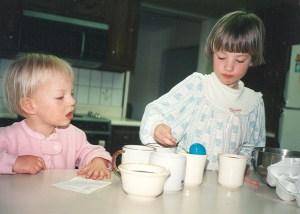 Sarah and Megan dye Easter Eggs 1991